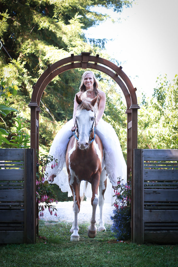 The bride comes down the aisle on her brown and white horse.
