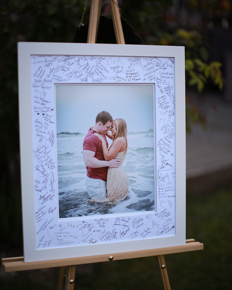 A photo of the bride and groom framed by the signatures of all of the wedding guests.